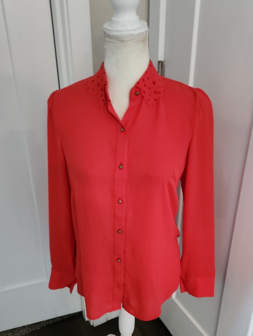 Under Skies Coral Red  Button-Down Blouse with Eyelet Collar